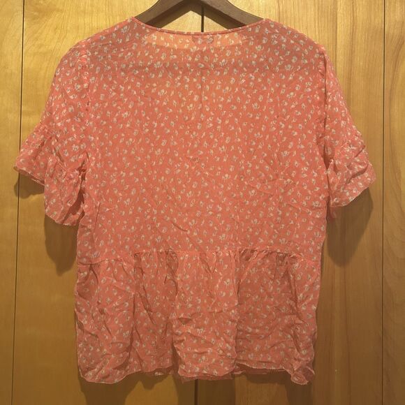 J.Crew Coral Print Silk Blouse-Peplum Hem-Flutter Sleeve-Sz M-Cottagecore-Boho - Picture 8 of 8